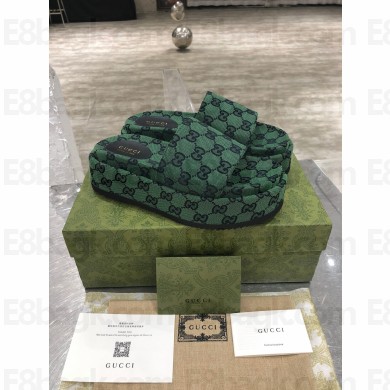 Gucci Heel 5.5cm Platform 4cm Criss-cross Straps GG Slide Sandals Canvas Green 2021