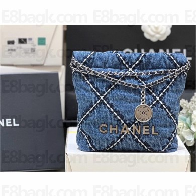 chanel Stitched Denim & Silver-Tone Metal Blue 22 Mini Handbag AS3980 2024(original quality)