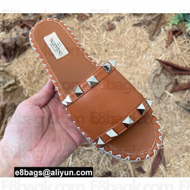Valentino Grainy Calfskin Leather Rockstud Espadrilles Slide Sandals Brown 2022