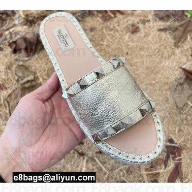 Valentino Grainy Calfskin Leather Rockstud Espadrilles Slide Sandals Light Gold 2022