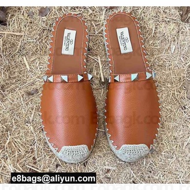 Valentino Grainy Calfskin Leather Rockstud Espadrilles Mules Sandals Brown 2022