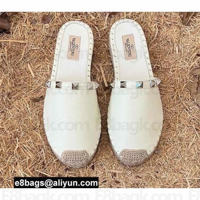 Valentino Grainy Calfskin Leather Rockstud Espadrilles Mules Sandals White 2022