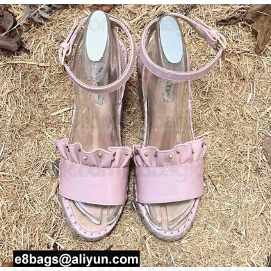 Valentino Studded Ruffled Leather Wedge Espadrilles Sandals Pink 2022