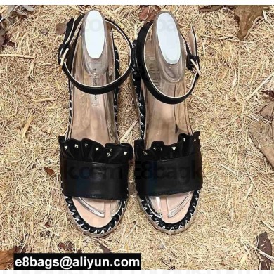 Valentino Studded Ruffled Leather Wedge Espadrilles Sandals Black 2022