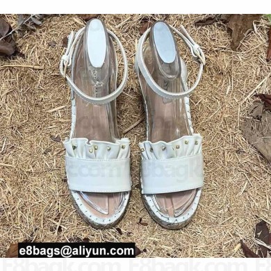 Valentino Studded Ruffled Leather Wedge Espadrilles Sandals White 2022