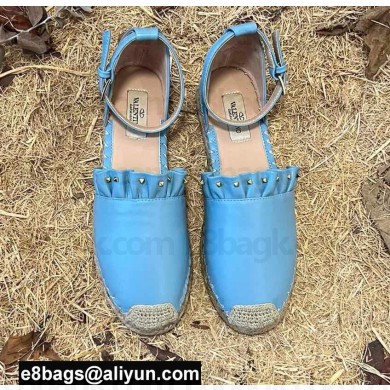 Valentino Studded Ruffled Leather Espadrilles Sandals Blue 2022