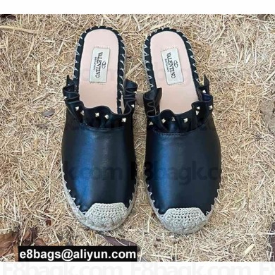 Valentino Studded Ruffled Leather Espadrilles Mules Sandals Black 2022