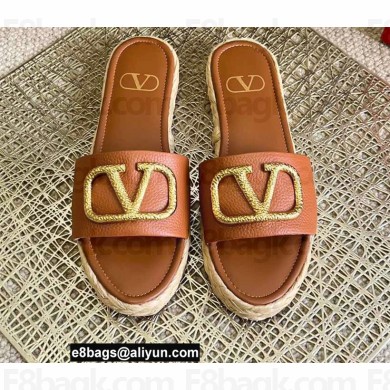 Valentino Leather Vlogo Espadrilles Slide Sandals Brown 2022