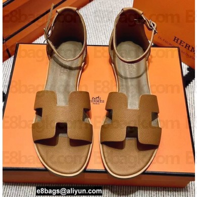 Hermes Epsom Calfskin Santorini Sandals Handmade Brown