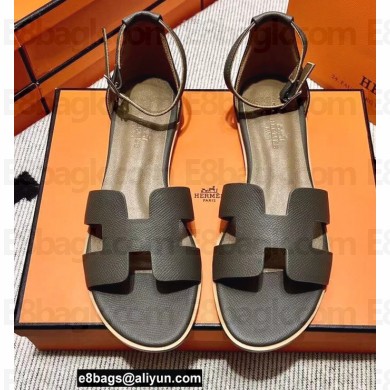 Hermes Epsom Calfskin Santorini Sandals Handmade Etoupe