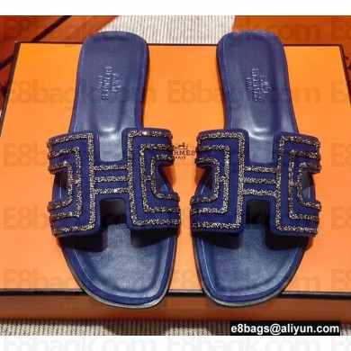 Hermes suede goatskin with rhinestone Oran Sandals Blue