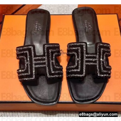 Hermes suede goatskin with rhinestone Oran Sandals Black