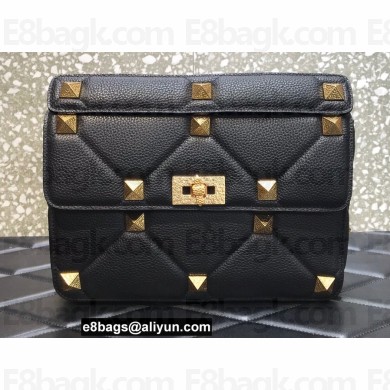 Valentino Grainy Calfskin Large Roman Stud Chain Bag Black 2022