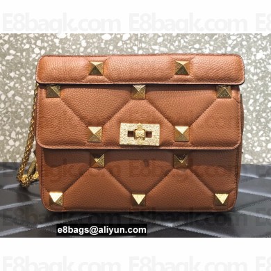 Valentino Grainy Calfskin Small Roman Stud Chain Bag Brown 2022