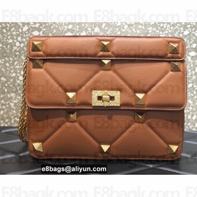 Valentino Grainy Calfskin Large Roman Stud Chain Bag Brown 2022