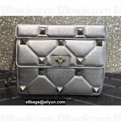 Valentino Grainy Calfskin Small Roman Stud Chain Bag Silver 2022