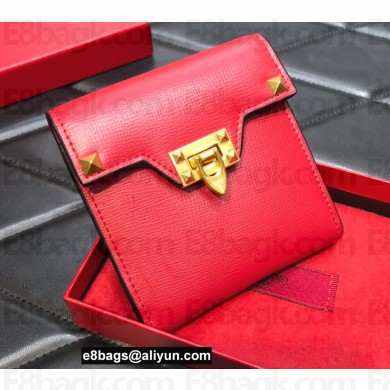 Valentino Rockstud Alcove Grainy Calfskin Compact Wallet Red 2022