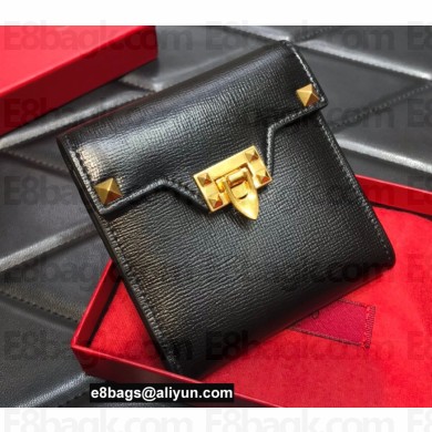 Valentino Rockstud Alcove Grainy Calfskin Compact Wallet Black 2022