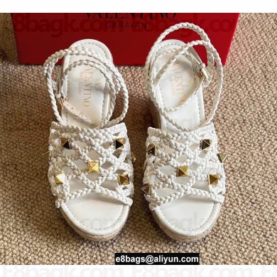 Valentino Roman Stud Macrome Espadrille Wedge Sandals White 2022