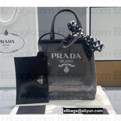 Prada Small Sequined Mesh Tote Bag 1BG417 Black 2022