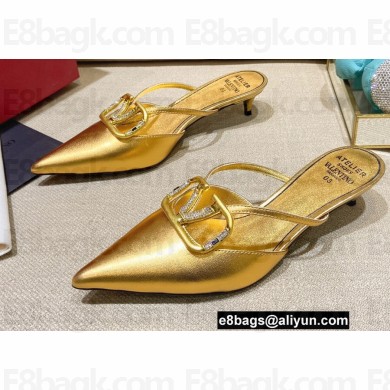 Valentino Crystal VLogo Signature Leather Heel Mules Gold 2022