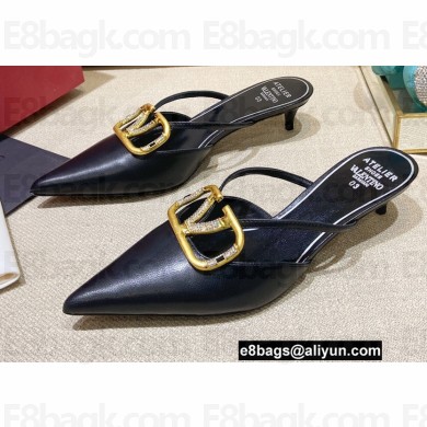 Valentino Crystal VLogo Signature Leather Heel Mules Black 2022