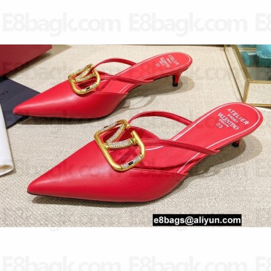 Valentino Crystal VLogo Signature Leather Heel Mules Red 2022
