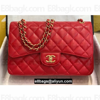 Chanel Large/Jumbo Classic Flap Handbag A58600 in Caviar Leather with Edge Stitching Red/Gold