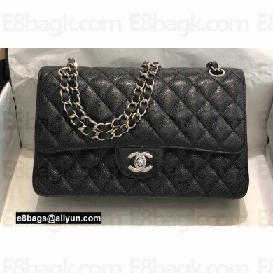 Chanel Medium Classic Flap Handbag A01112 in Caviar Leather with Edge Stitching Black/Silver