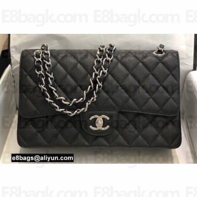 Chanel New Medium Classic Flap Handbag in Caviar Leather with Edge Stitching Black/Silver