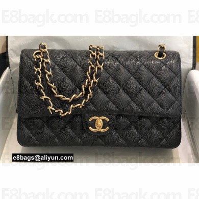 Chanel New Medium Classic Flap Handbag in Caviar Leather with Edge Stitching Black/Gold