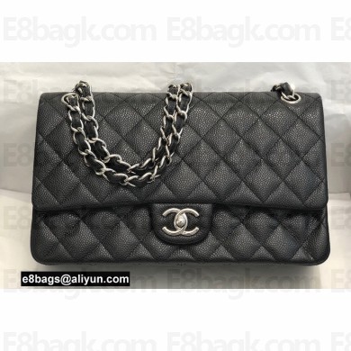 Chanel New Medium Classic Flap Handbag in Caviar Leather Black/Silver