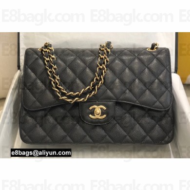 Chanel Large/Jumbo Classic Flap Handbag A58600 in Caviar Leather with Edge Stitching Black/Gold