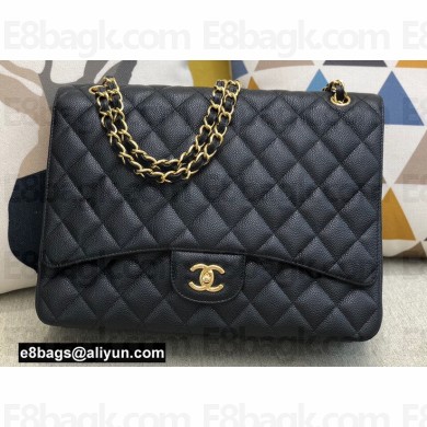 Chanel Maxi Classic Flap Handbag A58601 in Caviar Leather with Edge Stitching Black/Gold
