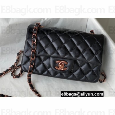 Chanel Mini Classic Flap Handbag A69900 in Lambskin Black with Pink Gold Hardware