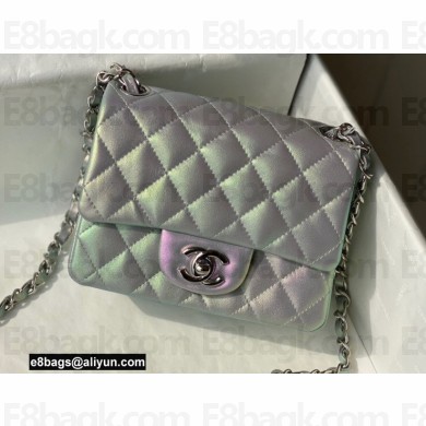Chanel Mini Classic Flap Handbag A35200 in Lambskin Rainbow Pearl Silver