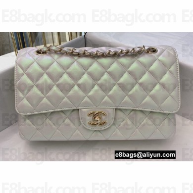 Chanel Medium Classic Flap Handbag A01112 in Lambskin Pearl Pale Silver