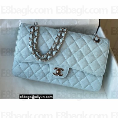 Chanel Medium Classic Flap Handbag A01112 in Caviar Leather with Edge Stitching Pale Blue/Silver