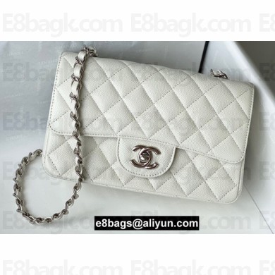 Chanel Small Classic Flap Handbag A01116 in Caviar Leather with Edge Stitching White/Silver