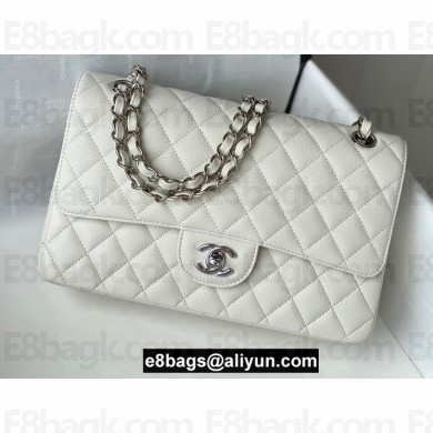Chanel Medium Classic Flap Handbag A01112 in Caviar Leather with Edge Stitching White/Silver
