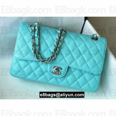 Chanel Medium Classic Flap Handbag A01112 in Caviar Leather with Edge Stitching Tiffany Blue/Silver
