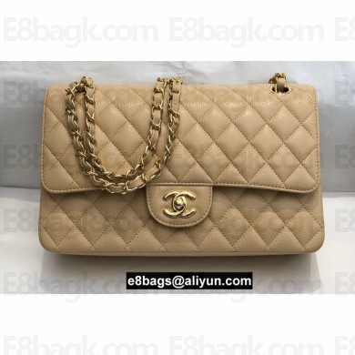 Chanel Medium Classic Flap Handbag A01112 in Caviar Leather with Edge Stitching Beige/Gold