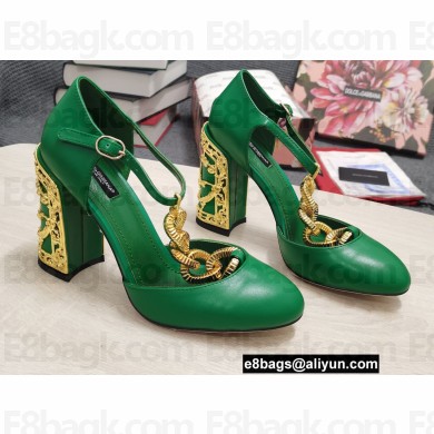 Dolce & Gabbana Logo Heel 10.5cm Chain leather T-strap Pumps Green 2022