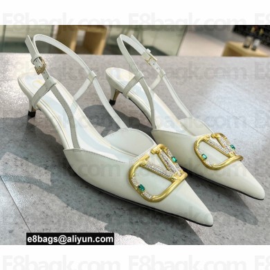 Valentino Heel 4cm Crystal VLogo Signature Calfskin Slingback Pumps White