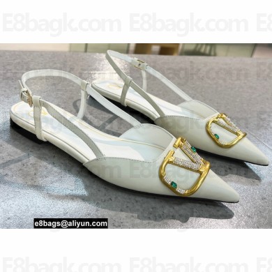 Valentino Crystal VLogo Signature Calfskin Slingback Ballet Flats White
