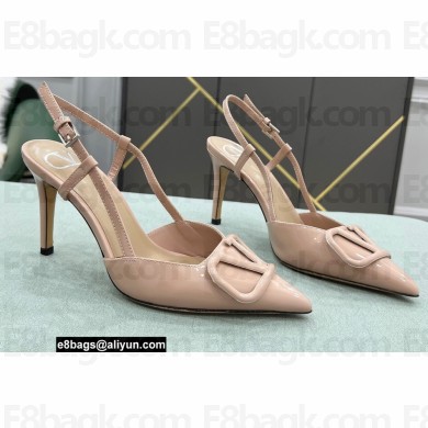 Valentino Heel 8cm VLogo Signature Patent Leather Slingback Pumps Nude