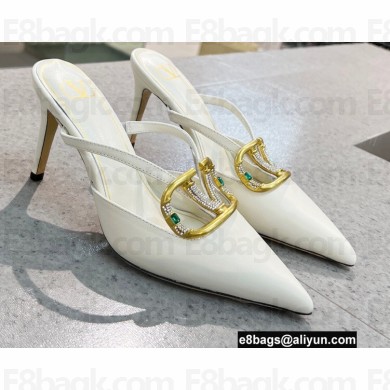 Valentino Heel 8cm Crystal VLogo Signature Calfskin Mules White