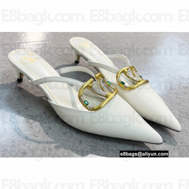 Valentino Heel 4cm Crystal VLogo Signature Calfskin Mules White