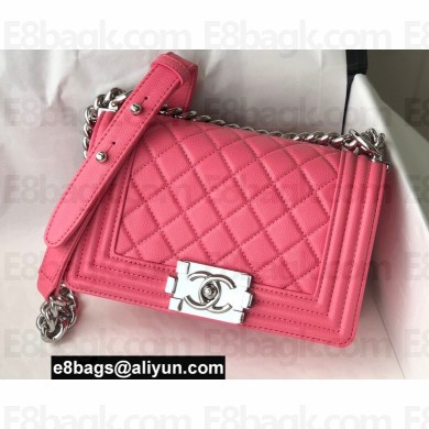 Chanel Small LE BOY Handbag A67085 in Caviar Leather Dark Pink/Shine Silver