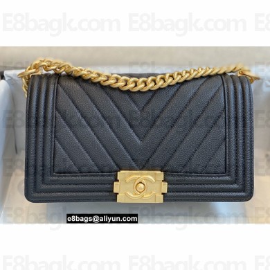 Chanel Medium LE BOY Handbag A67086 in Caviar Leather Chevron Black/Aged Gold